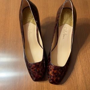 Cole Haan patent leather, brown animal print square toe pumps, size 8B